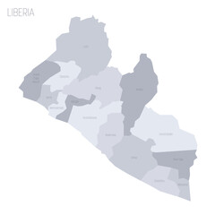  Liberia political map of administrative divisions - counties. Grey vector map with labels.