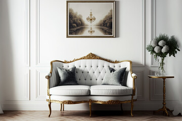 single vintage sofa in front of white wall in exquisite living room interior; copy space;. Generative AI