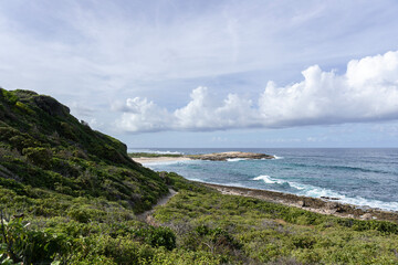 View of Atlantic ocean and coast with grassy hills in Caribbean Island of Guadeloupe