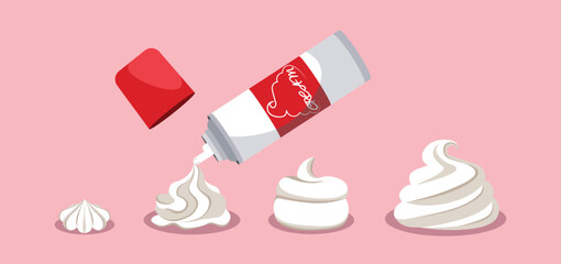 Set of white whipped cream in cartoon style. Vector illustration of sweet cream of different shapes and textures and a bottle of whipped cream isolated on a pink background.