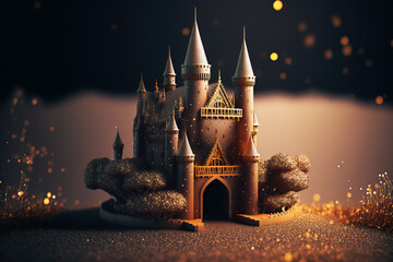 Golden castle with shiny particles isolated on black background. Gen Art