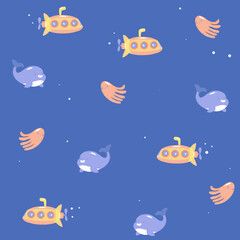  Submarine underwater in the ocean, seamless pattern with hand drawn vector illustrations
