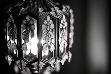 Close Up Black And White Image Of A Sparkling Glass Surface. Luxurious Chandelier's Sparkling Crystal Hangings On A Dark Background. Vintage Macro Of A Glass Surface Hexagonal Background. Generative