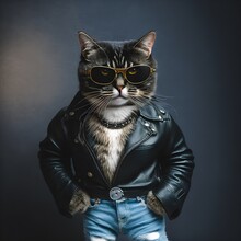 Portrait Of A Macho Cat Wearing A Black Leather Jacket, Sunglasses And Blue Jeans Pants. Posing As A Top-gun Actor Model. Artistic Digital Painting. Generative AI Illustration