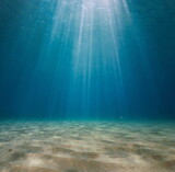 Fototapeta Kawa jest smaczna - Rays of sunlight underwater with a sandy seabed in the Mediterranean sea, Spain