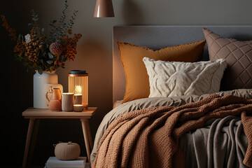 Wall Mural - A cozy bedroom with stylish decor, a wooden bedside table, a pottery jar, a book, lovely bed linens, a blanket, pillows, and other personal items. Template. Generative AI