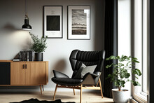 Design Armchair, Black Mock Up Poster Frame, Commode, Wooden Stool, Book, Décor, Loft Wall, And Personal Accessories Make Up This Chic Scandinavian Composition Of A Living Room In A Contemporary Home