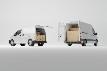 Canvas Print - Two commercial delivery white vans with cardboard boxes on white background. Delivery order service company transportation box with vans truck. 3d rendering, 3d illustration.