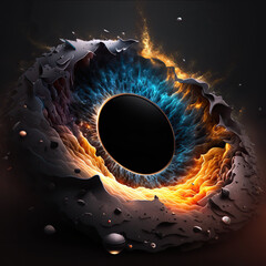 Stars and material falls into a black hole. Abstract space wallpaper. Black hole with nebula over colorful stars and cloud fields in outer space. Generative AI illustration.