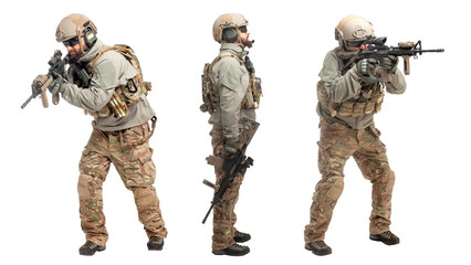 soldier in military equipment with a gun on a white background, a commando in uniform with a gun to aim and attack