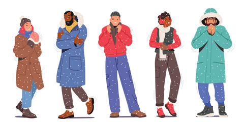 Freezing People at Cold Weather Concept. Male and Female Characters Wearing Warm Winter Clothes Vector Illustration