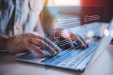 man planning work manage right and wrong options on online document virtual screen