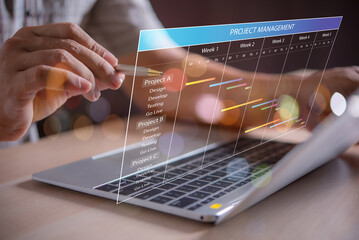 Fototapete - Man planning project management schedule on computer virtual screen