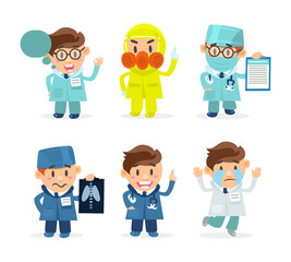 Sticker - Cute doctors in medical coats showing different emotions and gestures set cartoon vector illustration