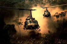 Smoke And Flames Surround Vietnam War Helicopters, Generative Ai