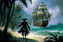 A Pirate Walking On A Tropical Island Towords A Wavy Ocean With A Pirate Ship, Generative Ai
