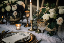 Decorative And Exquisite Bridal Table Settings In White Were Used. The Wedding Table Is Set With Flowers, Candles, And Serving Ware. Generative AI