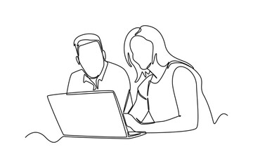 Continuous one line drawing company founders discussing innovation ideas in a business meeting with colleagues. Team work concept. Single line draw design vector graphic illustration.