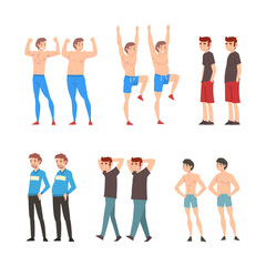 Sticker - Set of men before and after diet and sport. Fat and slender male characters. Unhealthy and healthy sport athletic body. Weight loss concept cartoon vector