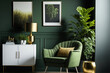 © The 2R Artificiality - Background green living room wall with poster style lamp, grey accent chair, and central table. Generative AI