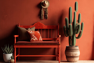 Interior of a rustic home with a bench, chairs, and décor in a red room. Generative AI