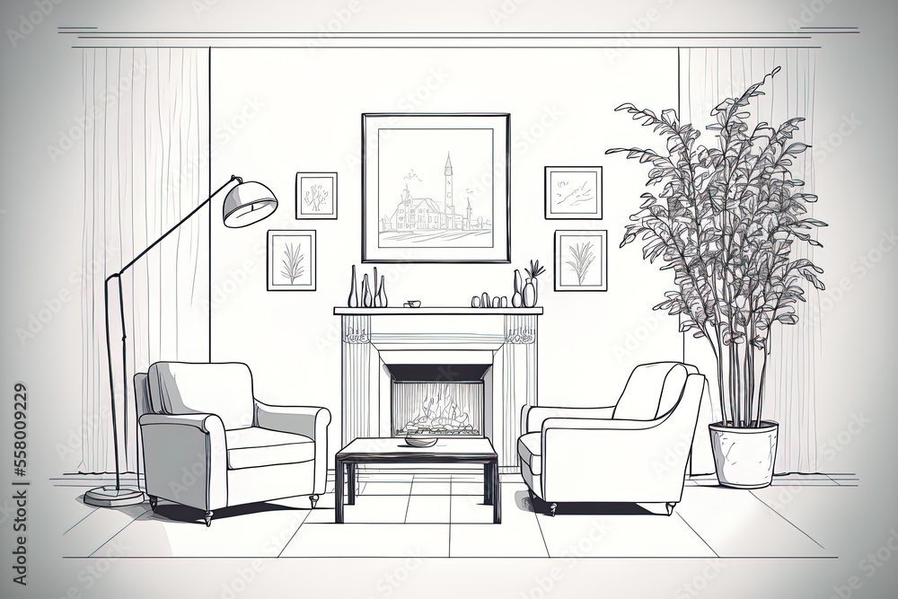 Line drawing of a living room interior with a fireplace, a couch ...