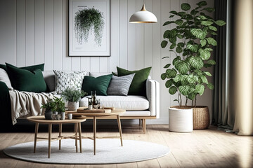 Sticker - wooden living room design in the Nordic style. Generative AI