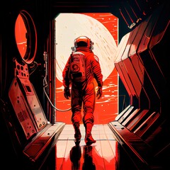Wall Mural - An astronaut emerges from his spaceship. A high-tech astronaut from the future. The concept of space travel. Generative AI Art