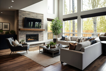 Beautiful living room interior in new luxury home with hardwood floors and fireplace. Several large windows suggest an outdoor view. Generative AI