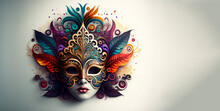 Venetian Mask Carnival Colorful Splash Art  Masquerade Mardi Gars Banner Copy Space On White Illustration. Generative AI