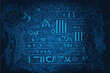 Greek letter ancient code cryptography abstract blue background, illustrative vector, generative ai