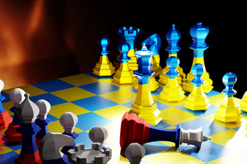 Ukraine flag Russia flag on chess pieces. 