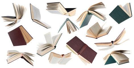 Wall Mural - Many hardcover books falling on white background