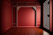 Vacant Room in Oriental Design Wooden floor, a red wall with copy space, and a wooden lattice partition. Generative AI