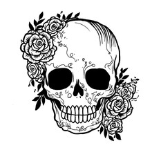Skull With Flowers. Sketch Human Skull With Roses, Traditional Gothic Black Tattoo. Drawn Monster Halloween Engraving Vector Artwork. Scary Dead Head With Teeth With Blossom And Foliage