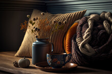 Interior Still Life Details In The Living Room. Beautiful Wooden Background With A Tea Cup Filled With Spices And Knitwear. Warm Autumn Winter Theme. Generative AI