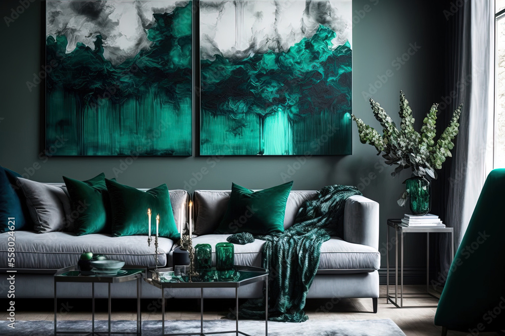 Stylish emerald green and grey living room decor with a wall mounted