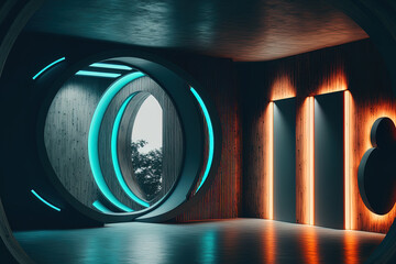 Sticker - Neon lighting is used in an abstract concrete and wood parametric interior. Generative AI