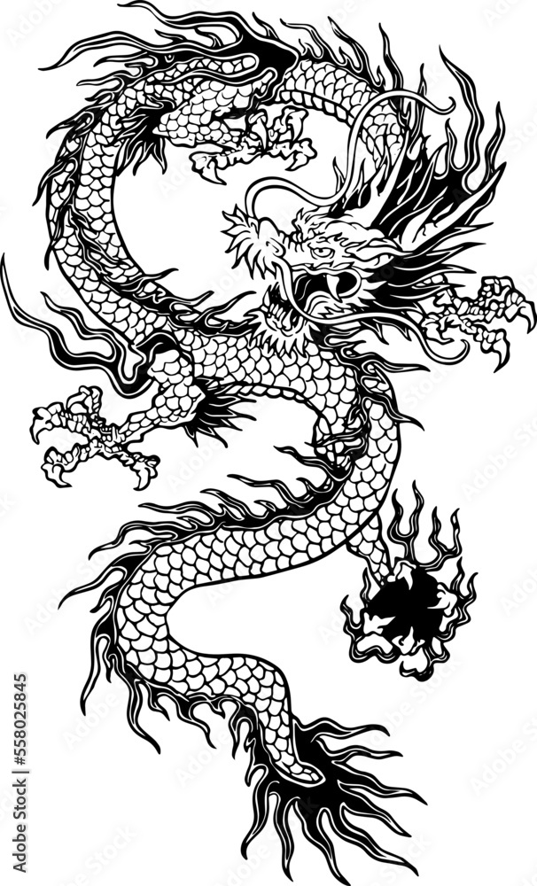 Vector illustration of an awesome black chinese dragon on white ...