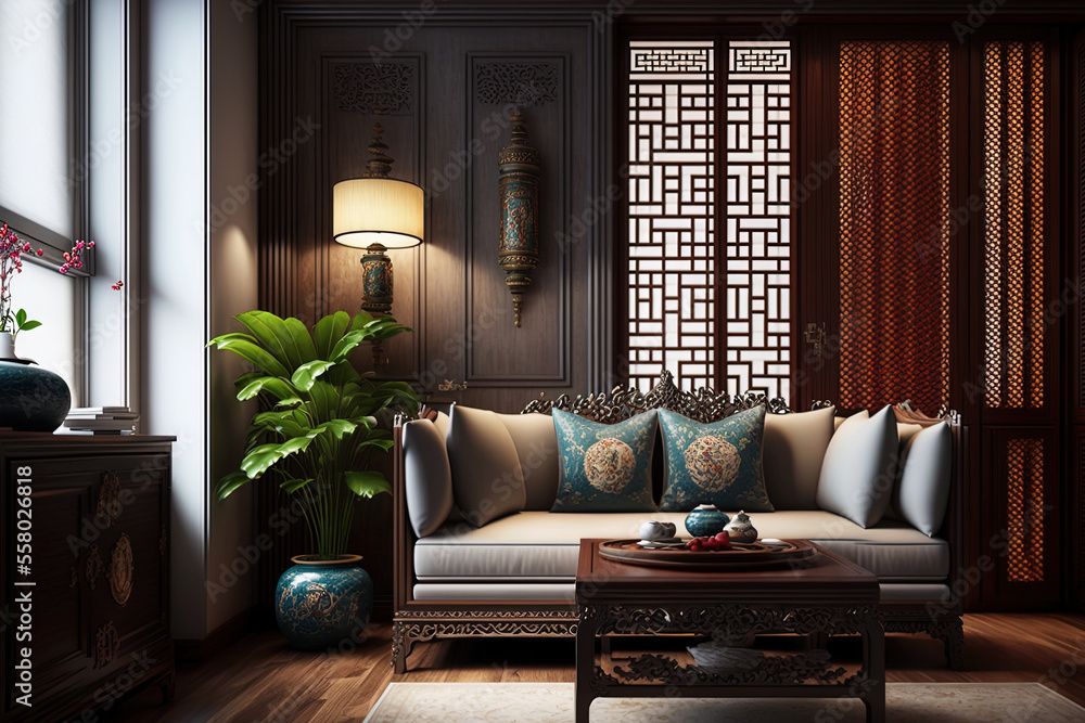 Chinese style interior design for a living room in a luxurious home or ...