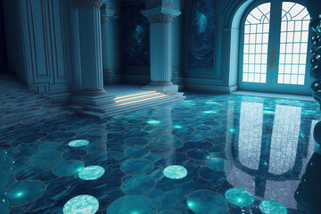 Exterior Navy Marble. Interior Lighting Mint. Backdrop with blue decorations. Backdrop for sky construction. Splash on the ocean surface. Blue Mosaic Fluid. Tile flooring Stone Original. Generative AI