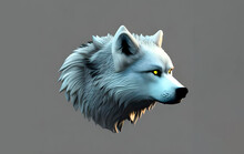 Digital 3d Illustration Of A Wolf Head. White Wolf Head On A Grey Background.