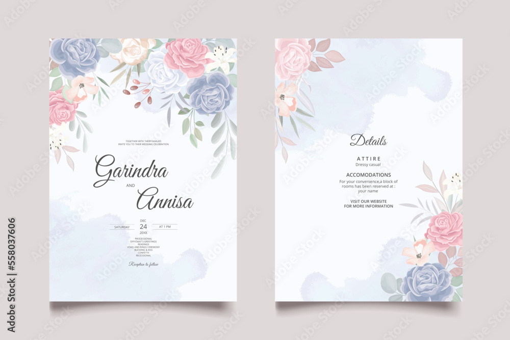 Beautiful blue and pink floral frame wedding invitation card template ...