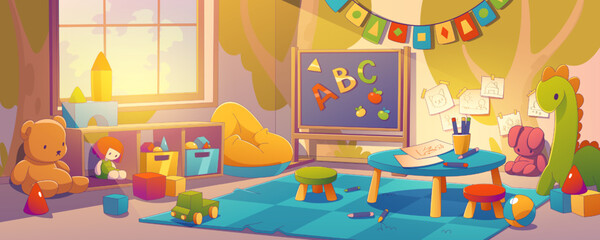 Wall Mural - Colorful kindergarten room interior. Contemporary vector illustration of playroom for children with dolls, teddy bear, blocks, toy car on floor, pencils and paper on table. Preschool education