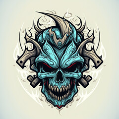 Wall Mural - Blue Tattoo Skull Design v1