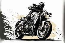  A Drawing Of A Person Riding A Motorcycle On A White And Black Background With Splashes Of Paint On The Back Of The Bike And The Bike, And The Front Tire, And The Front Wheel.