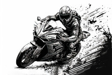  A Drawing Of A Person Riding A Motorcycle On A Track With Splashes Of Paint On The Side Of The Bike And On The Front Tire Of The Bike Is A Black And White Background.