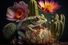  A Green Frog Sitting On Top Of A Cactus Next To A Flower And A Cacti On A Black Background With A Black Background That Has A Pink Flower And Yellow Center With A Yellow Center.
