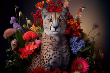 Sticker -  a cheetah surrounded by flowers and a stuffed animal in the middle of the picture is a stuffed animal with a bird on it's head and a stuffed animal in the middle of flowers. Generative AI