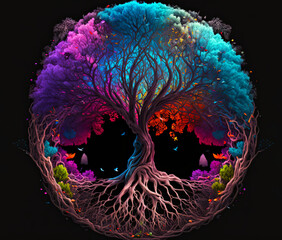 Tree of life circular roots, colorful foliage, birds, on black background, generative AI